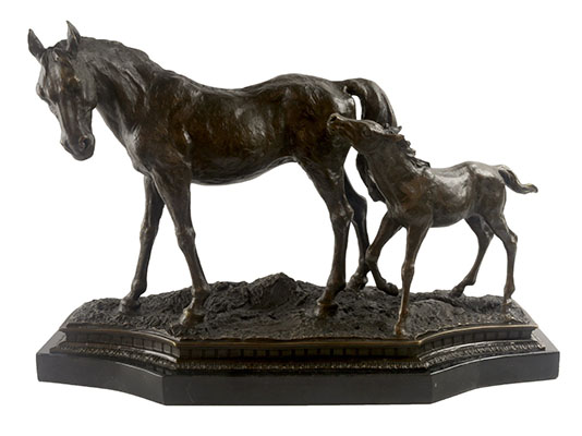 Horse & Foal Behind Mother Bronze Sculpture On Marble Base